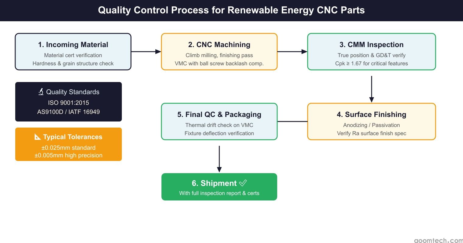 CNC machining quality inspection and CMM measurement for renewable energy parts
