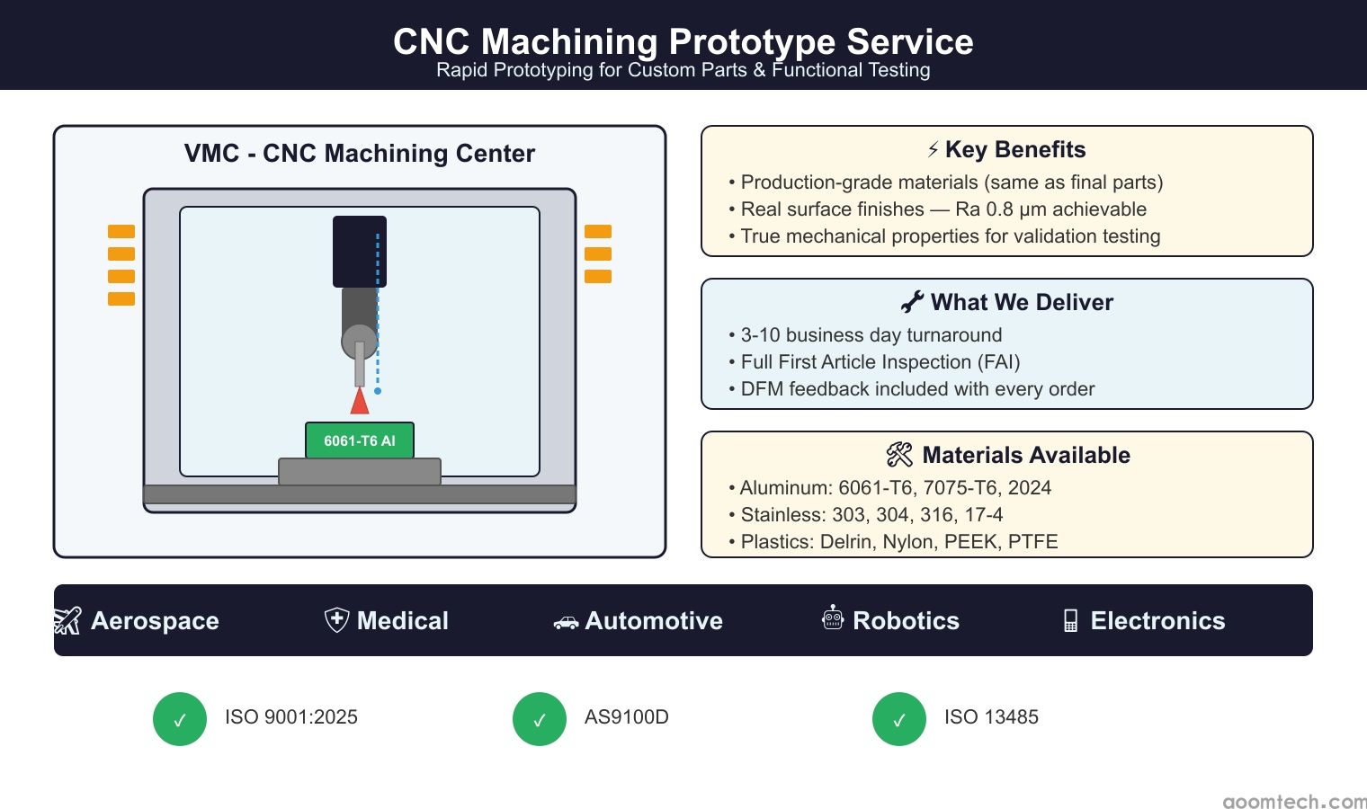 CNC machining prototype service overview showing CNC machine, prototype parts and quality inspection